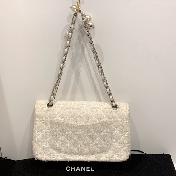 CHANEL 🤍RARE Ginza Double Flap 2.55 Ivory Tweed Boucle Rectangle Quilted Silver - Picture 11 of 16